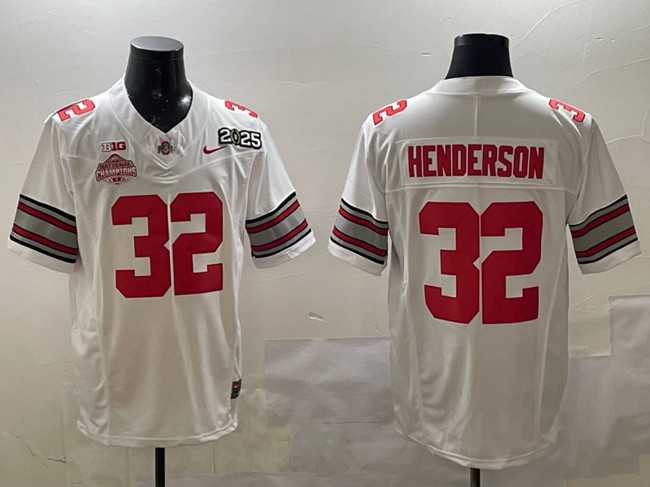 Men%27s Ohio State Buckeyes #32 TreVeyon Henderson White 2025 CFP Final With National Champions Patch F.U.S.E. Vapor Limited Stitched Football Jersey